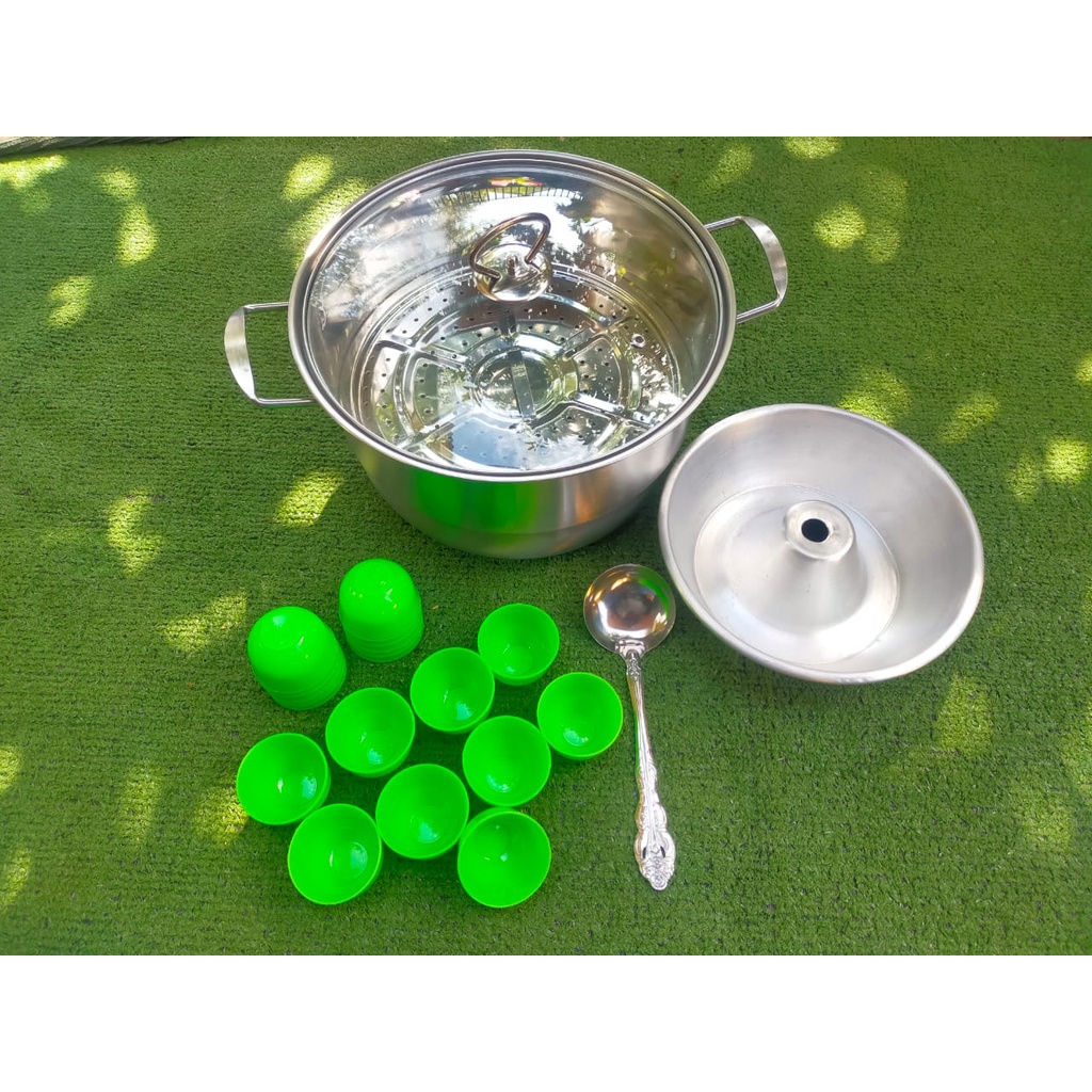 Steam pot stainless steel tutup kaca happy bird gratis cetakan kue talam 12 pcs, irus stainless &amp; loyang tulban