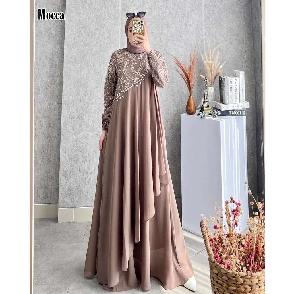 Zaheen Moeslim Cloth ~ Dress Kekinian Wedding Dress Wanita | Diandri Maxy Pesta | Pakaian Kondangan Pesta Wanita Seragaman Bahan Ceruty Babydoll Armany Mix Brukat | Fashion Busana Muslim Wanita Trend Terbagus Mevvah Elegant Simpel | Tersedia 8 Varian Warn-Mocca