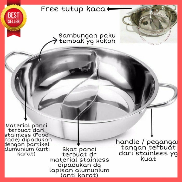 [GOS] D306-Panci Shabu 28 Cm Tutup Kaca - Panci Hotpot Steamboat Sabu 2 Sekat