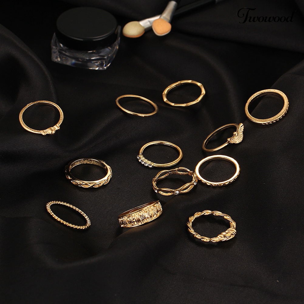 12 Pcs / Set Cincin Knuckle Berlian Imitasi Model Ukir Twisted Gaya Retro Untuk Wanita