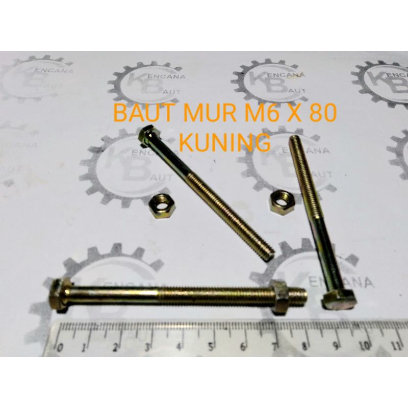 BAUT MUR M6 X 80 KUNING  / BAUT MUR M6 X 80 KUNINGAN KUNCI 10 PANJANG  8 CM