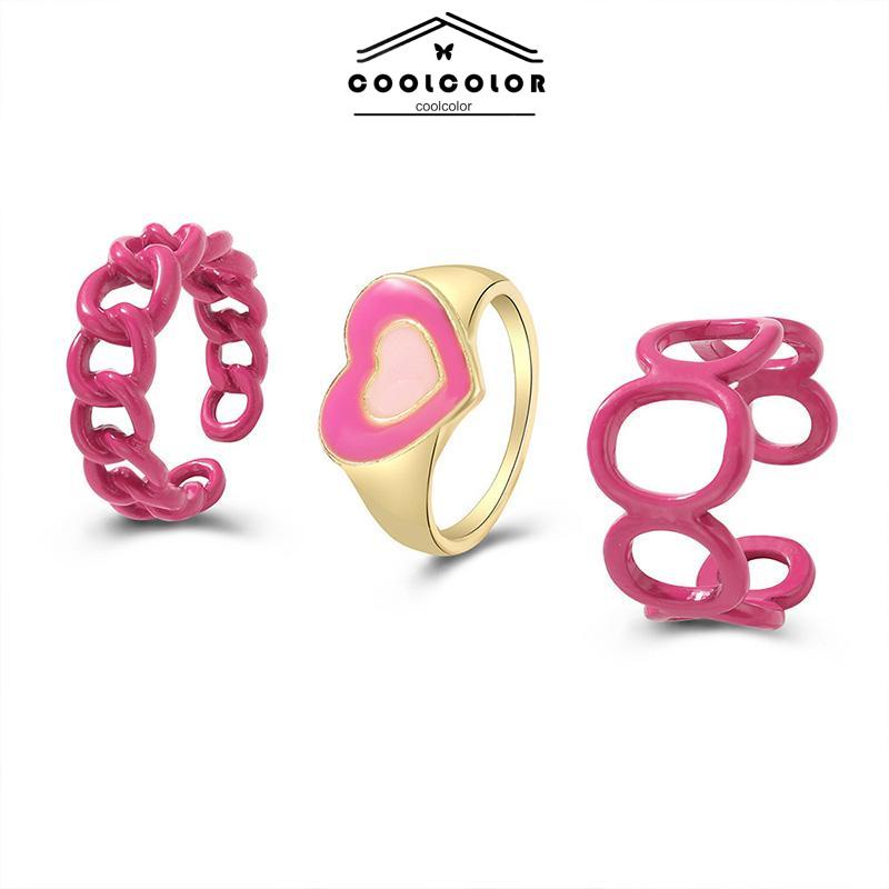 COD❤️3PCS Heart Geometry Rings Cincin Geometri Jantung Cincin Mode Menetes Minyak yang Dapat Disesuaikan untuk Aksesoris Perhiasan Wanita- cl