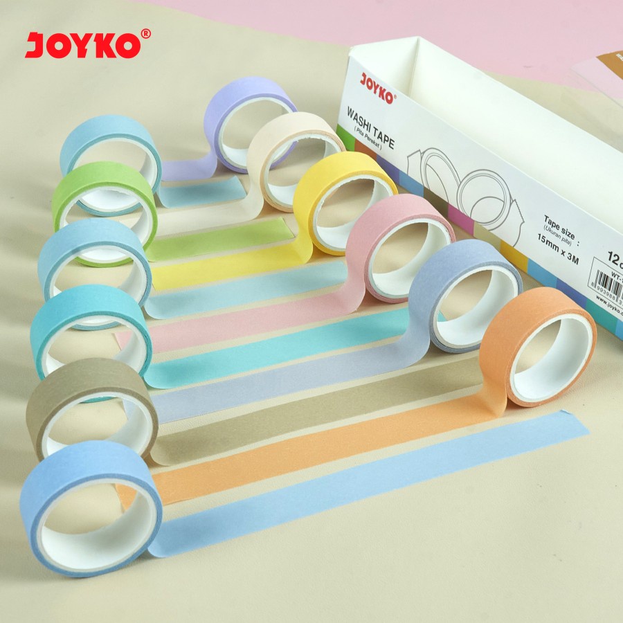 Lem Washi Tape Joyko WT-100 15mm x 3M 12 Warna Perekat Selotip Kertas Warna 15 mm x 3 M