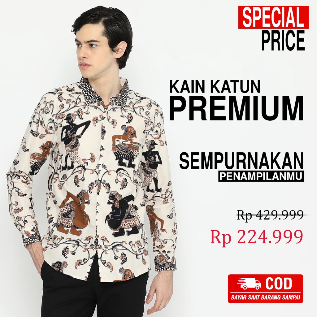 KEMEJA BATIK PRIA Lengan Panjang Slimfit Premium Motif Wayang Warna Putih Tulang 724735 Cap 72 - Baju Kemeja Atasan Pakaian Setelan Batik Pria Cowok Laki Laki Remaja Keluarga Kantor Lengan Panjang Modern Slimfit Slim Fit Premium Kekinian