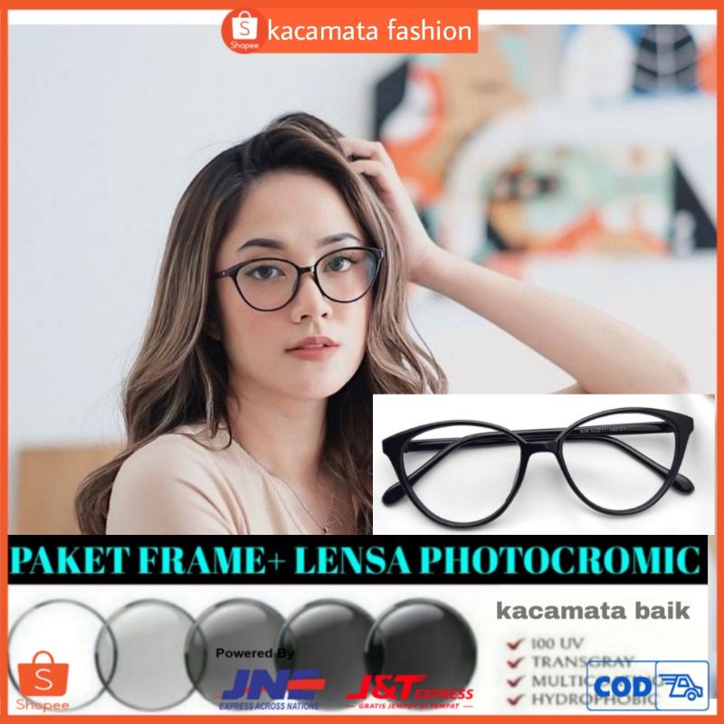kacamata wanita cat eye 608 paket lensa anti radiasi photocromic normal sampai minus 5