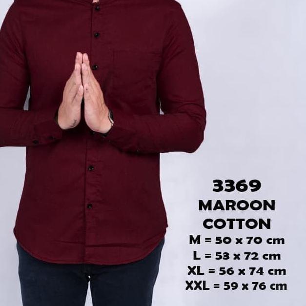 Kemeja pria kerah shanghai koko lengan panjang slimfit MERAH MAROON - Maroon, L