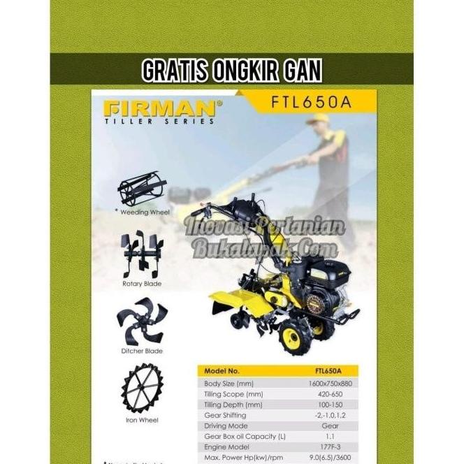 Traktor Mini Cultivator Firman Ftl-650A Free Ongkir