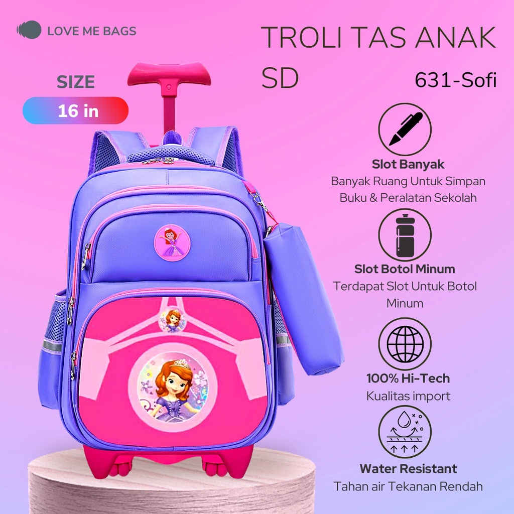 LMB Tas Troli Anak Perempuan Sd Roda Dorong Trolley Gambar Unicorn Kuda Pony Timbul 6D Import