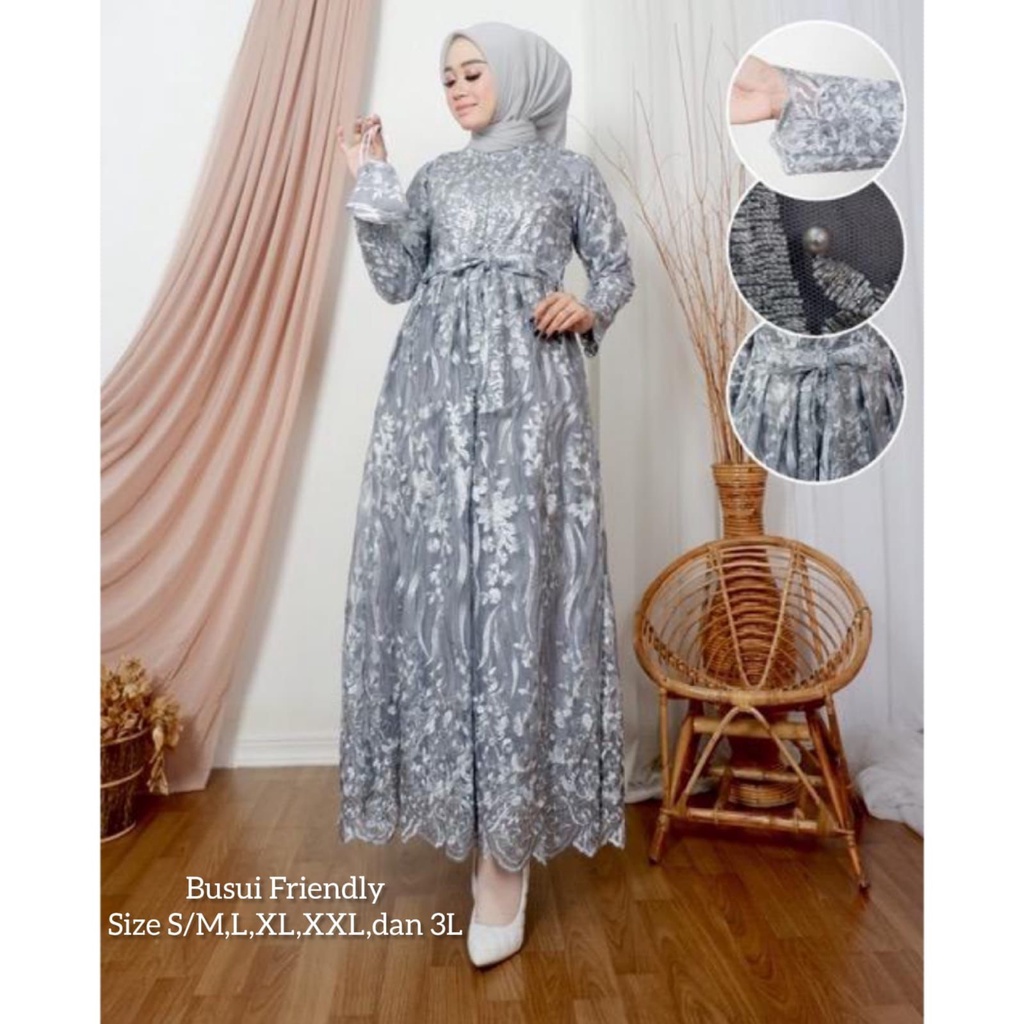 Lesya (New Product)Maxi Dress Brukat Tile Premium Full Depan Belakang /Gamis Pesta Kondangan/Free Masker+Tali Obi / Sleting Depan Busui  Friendly/Seragam Bridesmaid Brokat Mewah