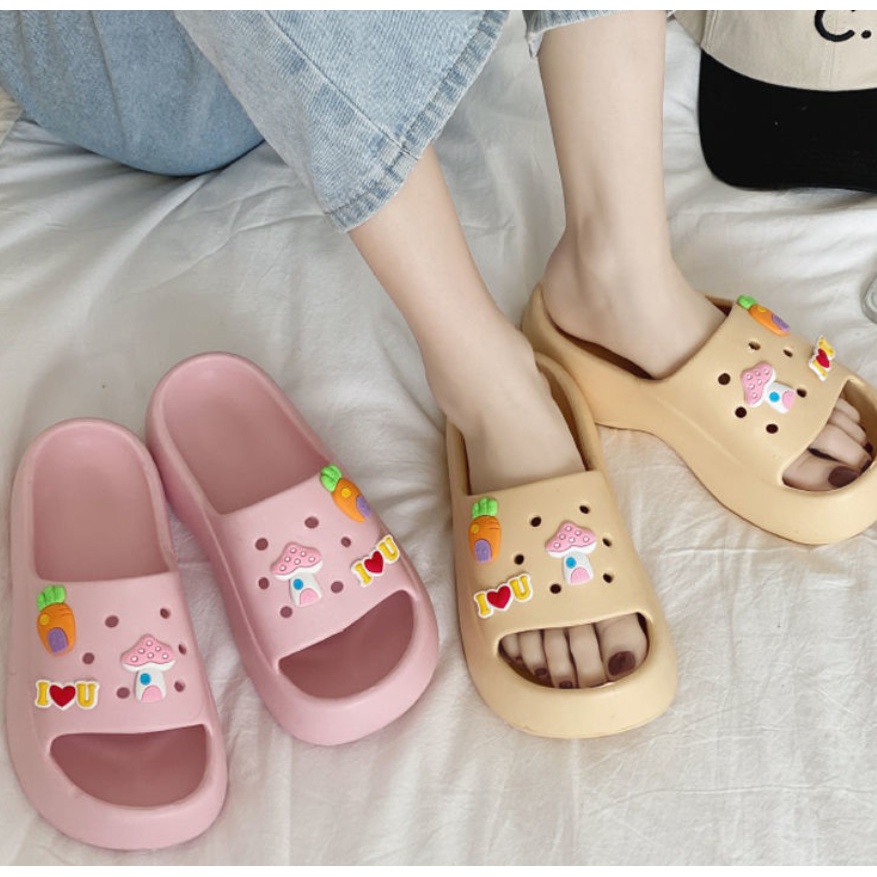 Sandal Wanita Selop Wedges Keren Anti Slip Motif Lucu Jibbitz SP61