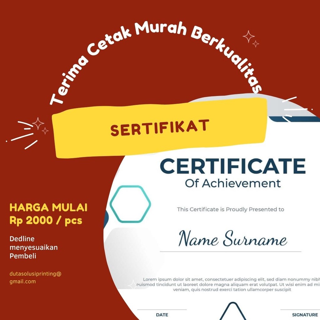 

Cetak Sertifikat Piagam Custome A4 Min Order 2pcs