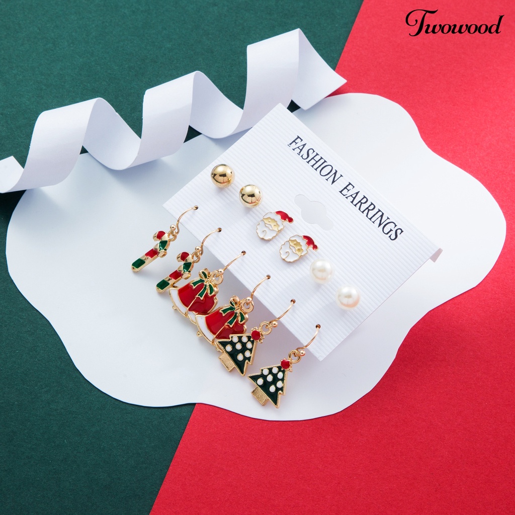 6 Pasang / Set Anting Stud Desain Geometrik Pohon Natal Rusa Snowman Santa Claus Bahan Enamel Untuk Hadiah