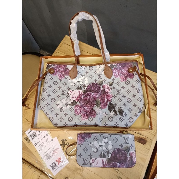 tas fashion Tote LV neverfull bunga free box, tas Tote flora set dompet size medium