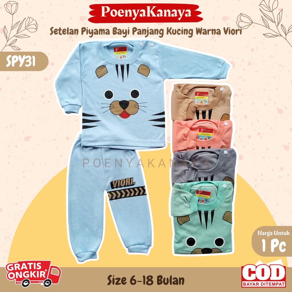 Setelan Baju Bayi Piyama Bayi Panjang KUCING WARNA Viori Size 6-18 Bulan SPY31