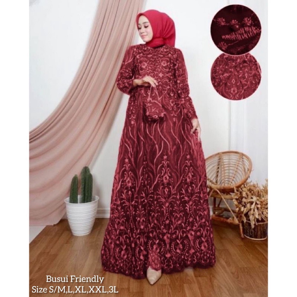 Lesya (New Product)Maxi Dress Brukat Tile Premium Full Depan Belakang /Gamis Pesta Kondangan/Free Masker+Tali Obi / Sleting Depan Busui  Friendly/Seragam Bridesmaid Brokat Mewah