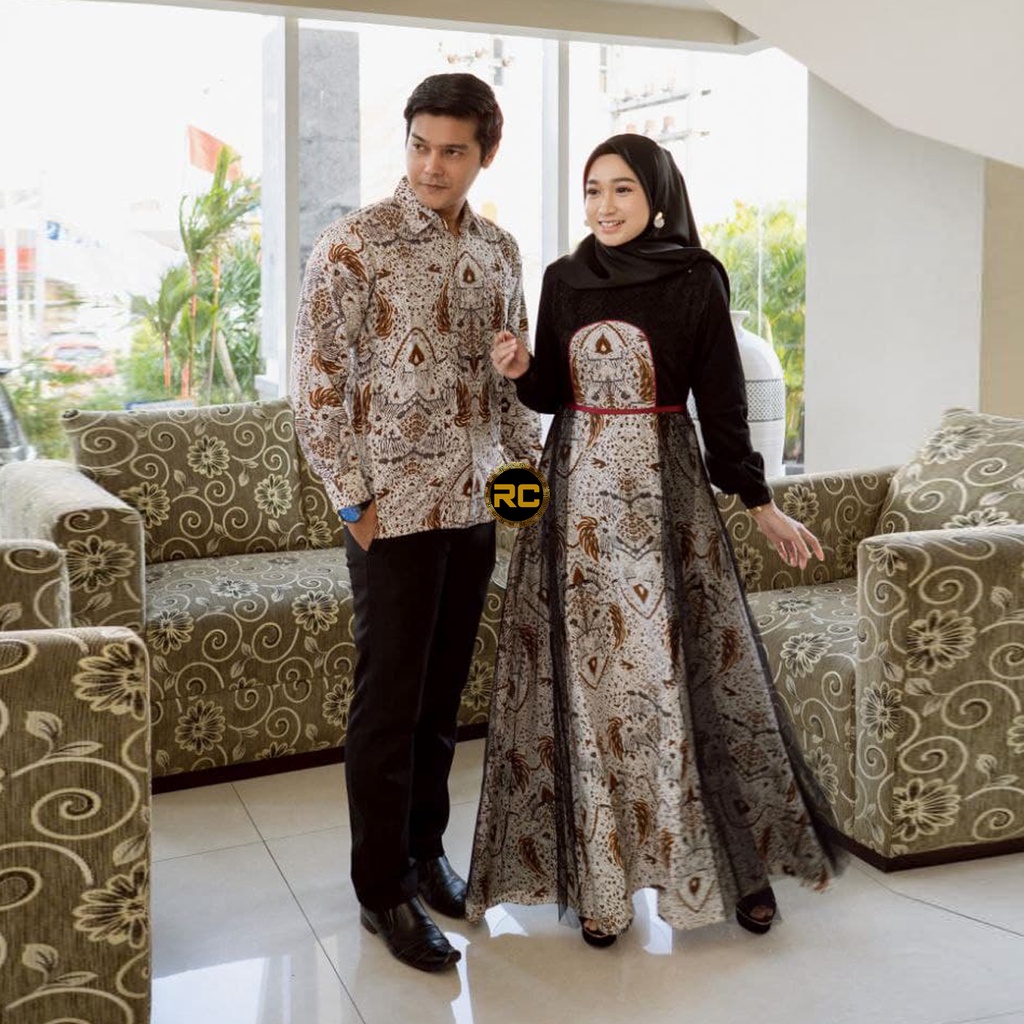 Batik Motif 5840 Couple Gamis Batik Kombinasi Brokat Tille Hitam