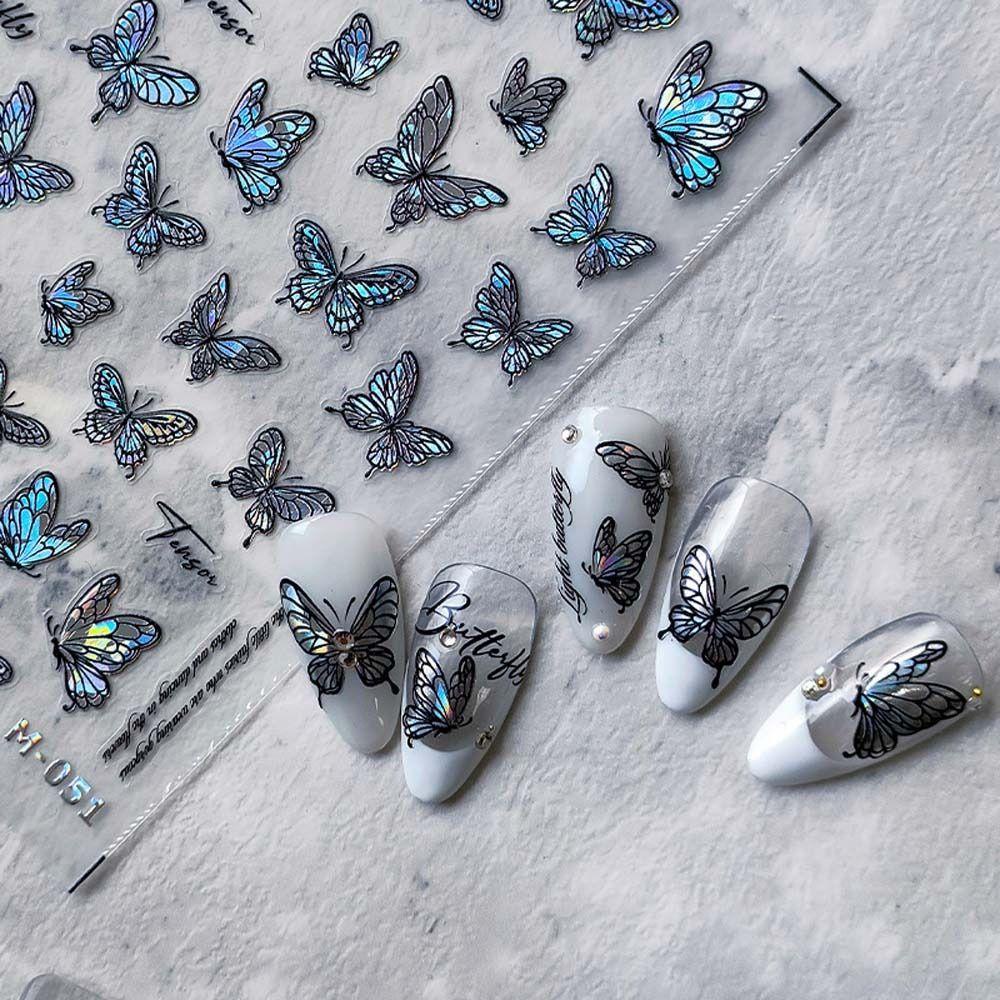 Mxbeauty Stiker Kuku Kupu-Kupu Ins Style Hitam Putih Rose Stiker Kuku Bintang Bronzing Butterfly Huruf Inggris Nail Art Dekorasi