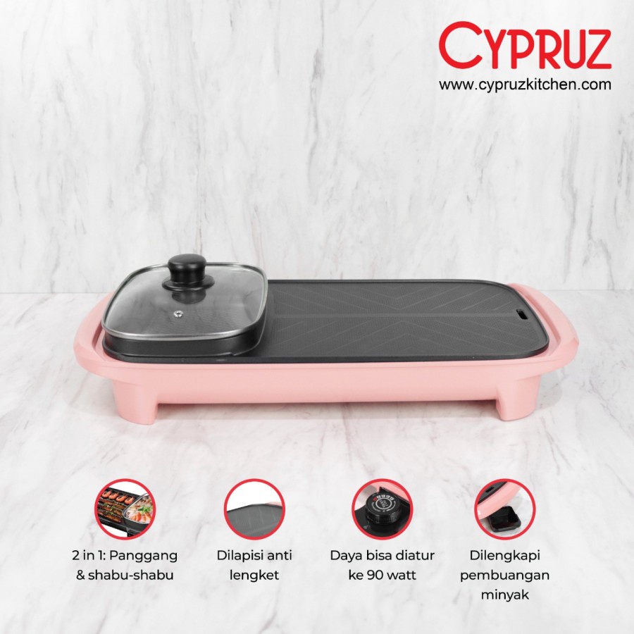 CYPRUZ TG-0295 2in1 Grill + Steambo Electric Hot Pot Pink [ORIGINAL] - Merah Muda