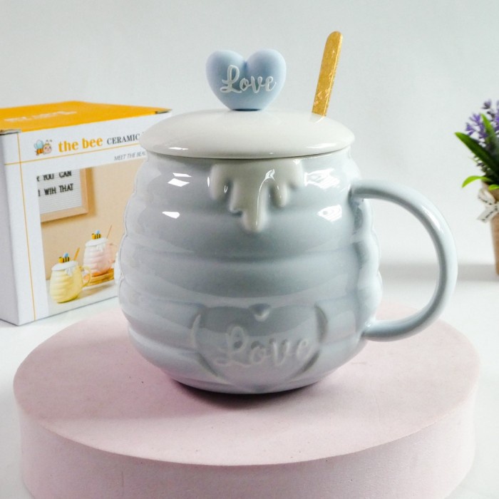 

Gelas Keramik Cangkir Mug Honey Love Tutup dan Sendok Karakter Timbul - 3 - blue