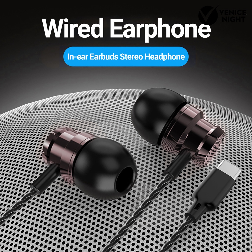 (VNEP) (Berkabel) Earphone Universal Noise Reduction In-ear Earbuds Stereo Headphone dengan Mic untuk Ponsel Type-C