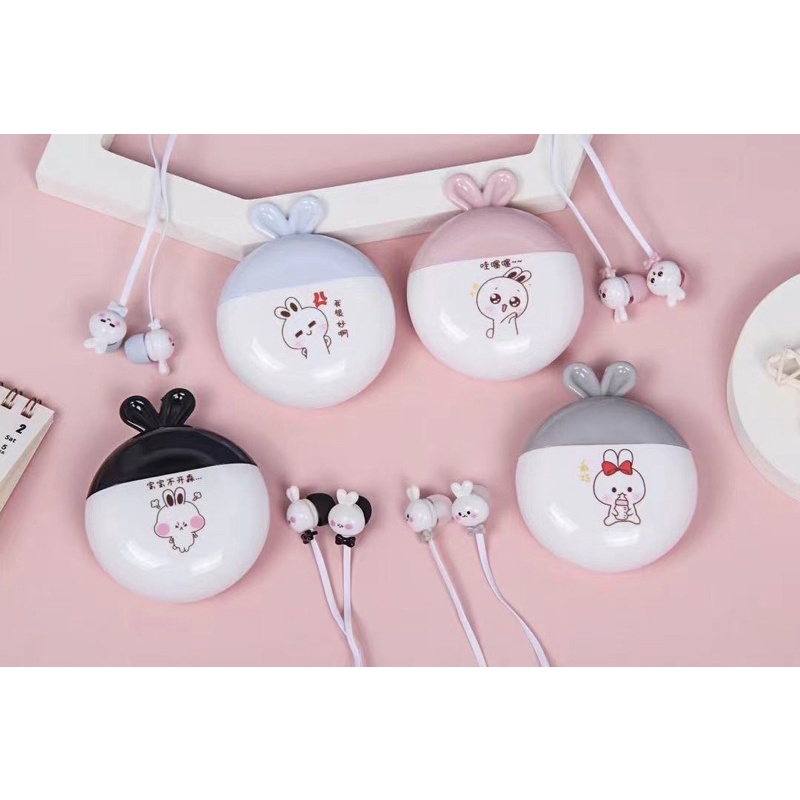 [ KN-8254 ]Set Headset Earphone Lovely earphone RABBIT Daily /Wadah penyimpanan Earphone