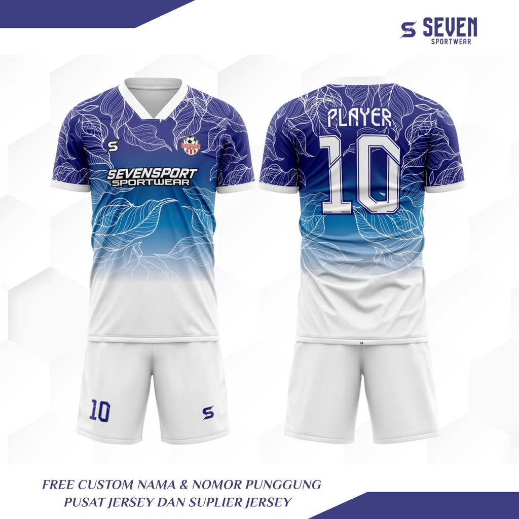 Seven Sportwear - Baju Bola Jersey Futsal Custom Full Printing Bisa Satuan - BIRU PUTIH MOTIF DAUN