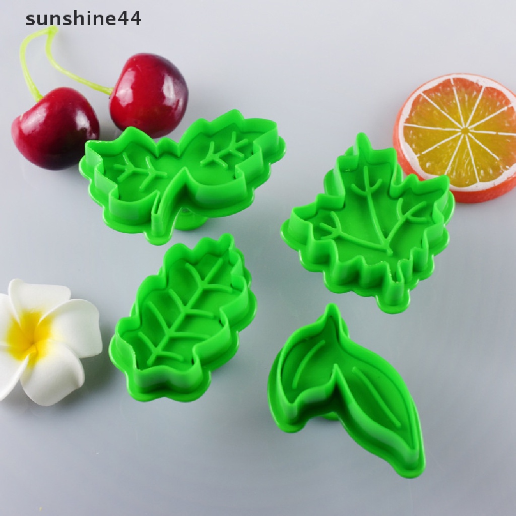 Sunshine 4Pcs / Set Cetakan Plunger Fondant / Kue Kering Bentuk Daun Hijau DIY