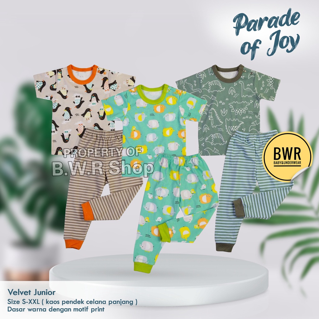 PROMO [ 3 Setel ] CPR Velvet Junior Parade Of Joy Brilliant Blue Terbaru / Setelan Piyama Baju Bayi Tidur Unisex Lengan Pendek | Bwr