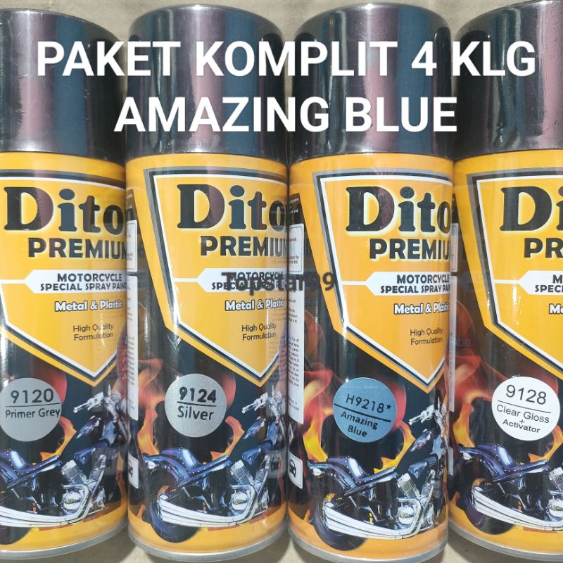 Pilok Cat Diton Premium Paket Komplit 4 Kaleng Amazing Blue Biru 9218 Primer Grey 9120 Silver 9124 Clear Gloss 9128 400cc Pilox Paketan Cat Semprot Special Spray Paint