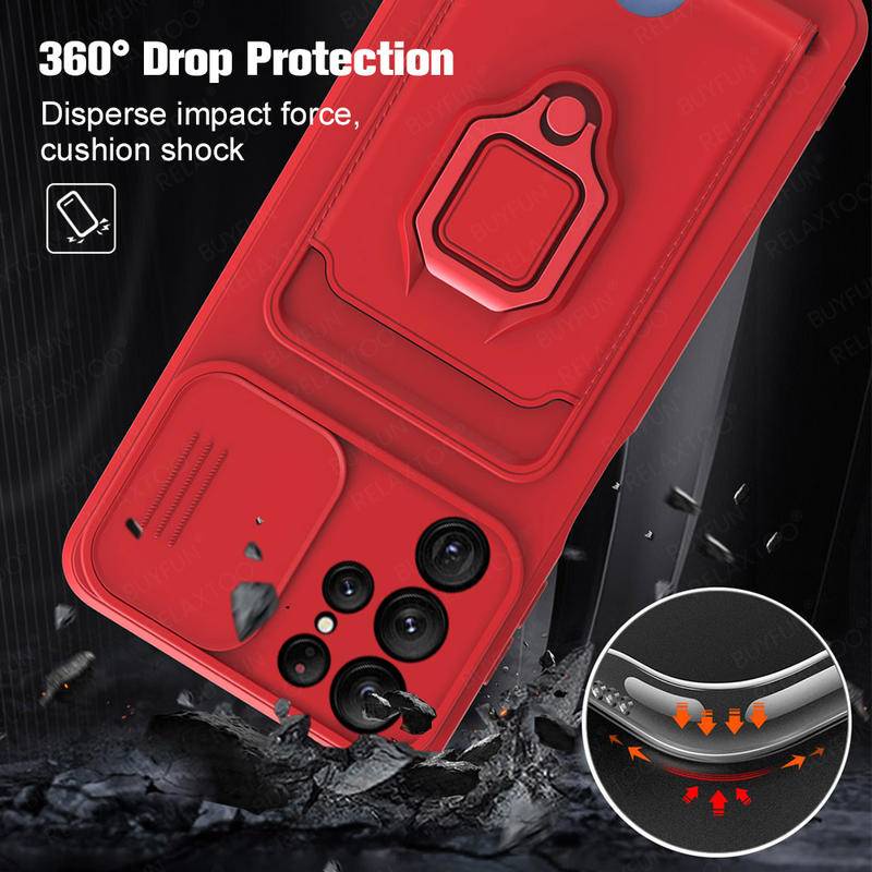 Case Pelindung Kamera Samsung Galaxy S22 Plus Ultra Dengan Slot Kartu + Ring Stand Magnetik