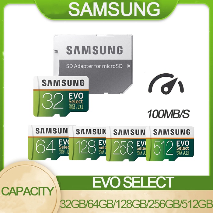 Kartu Memori 32GB/64GB/128GB/256GB/512GB Samsung EVO Select micro SDHC UHS-1 CLASS 10 U3 FHD Memory Card  Transfer higga 100MB/S SD TF Card With SD adapter