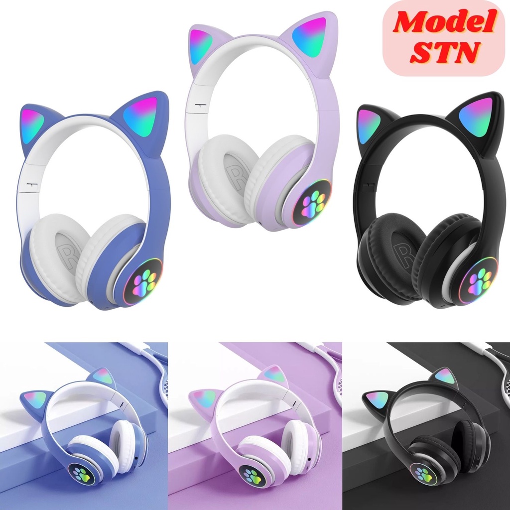 Headphone Gaming Bluetooth Cat Ear Kucing LED - Headset Wireless Free Kabel Jack 3.5mm Extra Bass