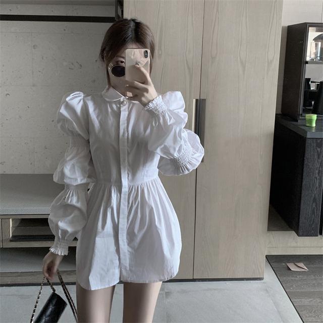 Red French niche puff sleeve dress women s autumn two-piece suit temperamen slim waist white shirt A-line skirt