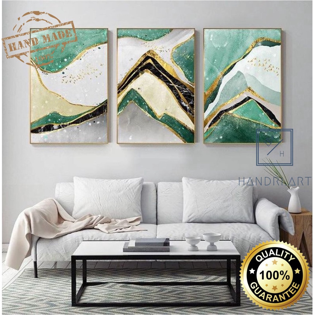 lukisan abstrak modern,lukisan modern green gold 3 panel Lukisan Abstrak Mewah Aesthetic Minimalis M