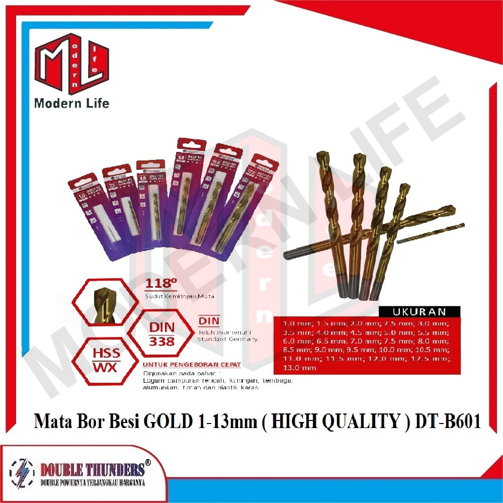 DT B601 Mata Bor Besi GOLD HSS Double Thunders ( HIGH QUALITY ) 1-8mm