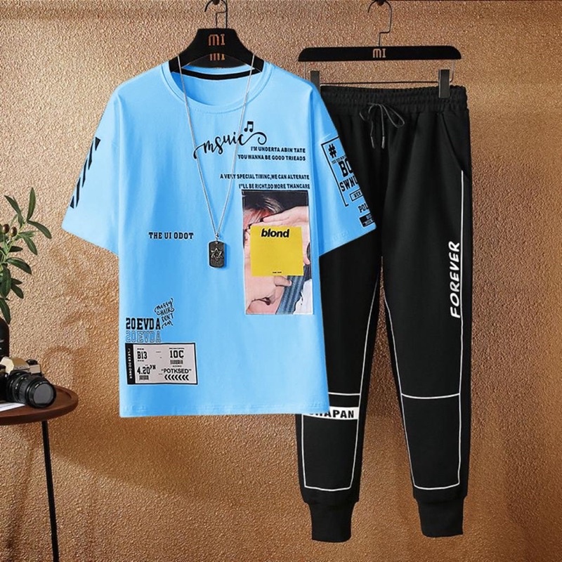 BAJU STELAN HUOHUO COWOK SETELAN PRIA KAOS PENDEK + CELANA JOGGER PANTS PANJANG