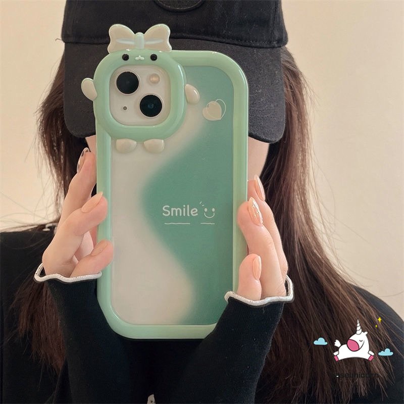 Smile Case Realme C33 9 8 8pro 7 8i 9pro+C25 C15 5 6i 9i 5s 5 7i C25s C12 C31 C21Y C30 C25Y C11 C35 C21 C2 C1 C3 C17 Hijau Splicing Lovely 3D Bow Little Monster Lens Soft Case Tempat Kotak Makan