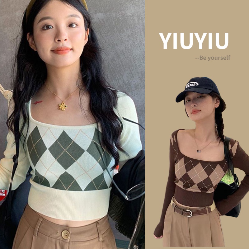 YIU YIU Rajut - Knitwear Top Korea Lengan Panjang Wanita Vintage