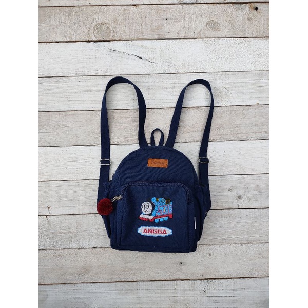 (Backpack Anak Kids) Baglist Navy Biru Dongker tas ransel custom bordir nama gambar paud tk sekolah dino gajah