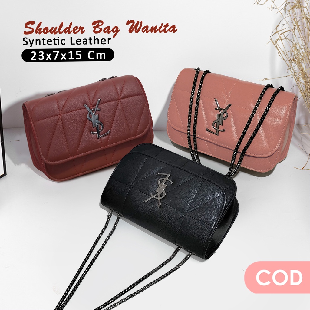 Tas selempang wanita kulit sintetis polos tas pesta wanita kekinian shoulder bag tali rantai hitam terbaru