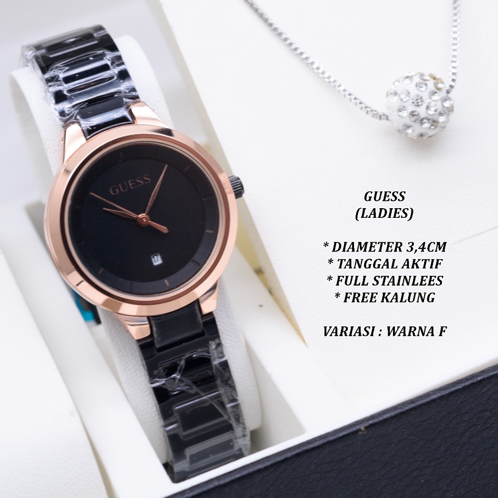 (BISA COD) JAM TANGAN WANITA GUESS HR-0003 FULL STAINLEES TANGGAL AKTIF FREE KALUNG