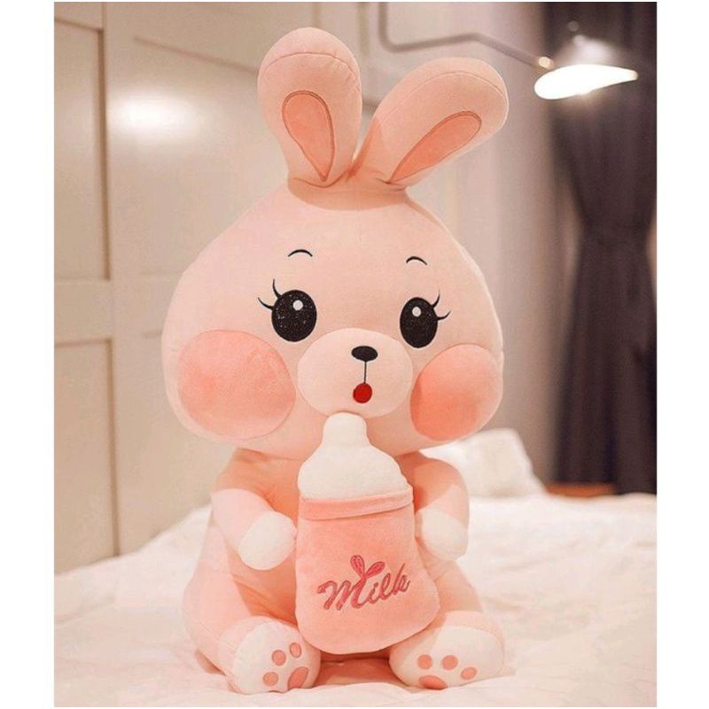 Boneka Kelinci pegang dot susu /Boneka Rabbit Pink Milk Bottle