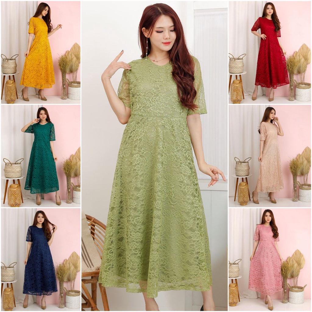 LONG DRESS YOONA BRUKAT CORNELI TULANG BROKAT CORD TIMBUL DRES PESTA NATAL 7 WARNA