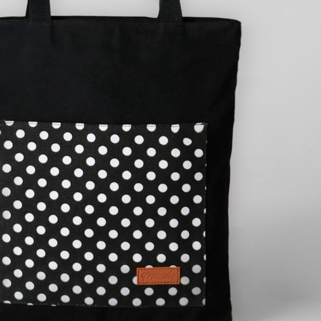 Pamole - Polkadot Tote Bag Kekinian Bahan Kanvas Penutup Resleting