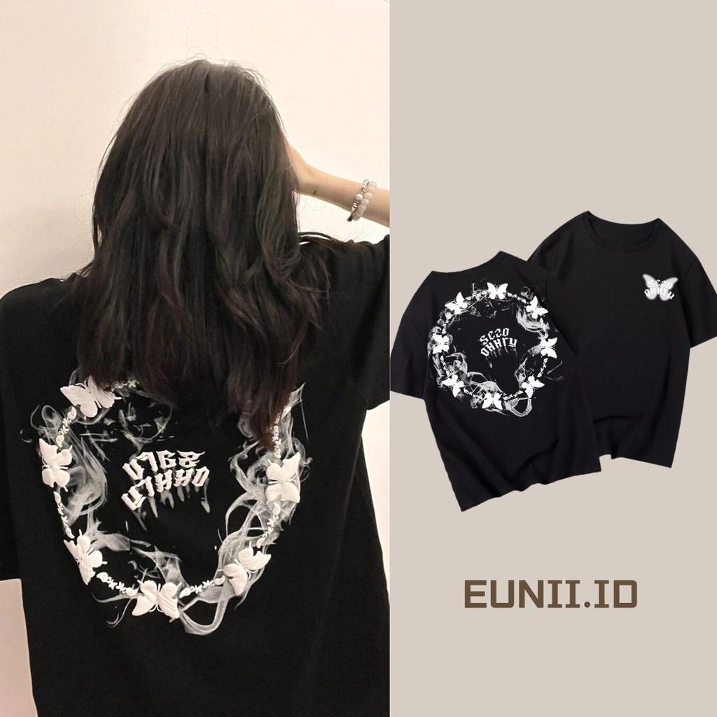 EUNII T-shirt Lengan Pendek Garland Butterfly Korean Style/Kaos Atasan Wanita/Baju Kaus Oversize Wanita