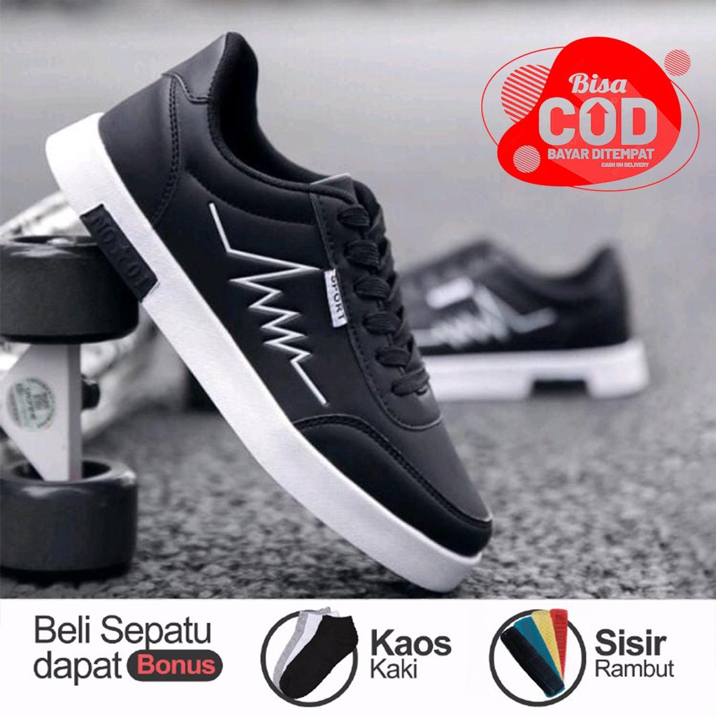 SEPATU COWOK HITAM KEREN CASUAL BISA UNTUK SEKOLAH BONUS KAOS KAKI DAN SISIR