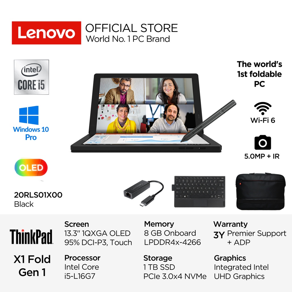 Lenovo ThinkPad X1 Fold Gen 1 1X00 Intel Core i5 L16G7 Win10 Pro 8GB 1TB SSD M.2 13.3" QXGA OLED 300nits 95% DCI-P3 Foldable Touch Integrated Mod Pen Wi-Fi 6 Milspec Laptop Tablet 2in1 13inch Touchscreen 20RLS01X00 Black Garansi Resmi 3 Tahun Premier ADP