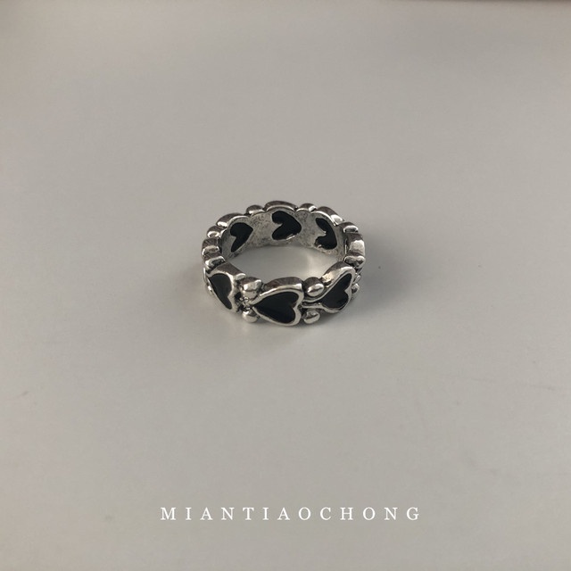 2pcs / Set Cincin Silver Desain Hati Hitam Untuk Wanita