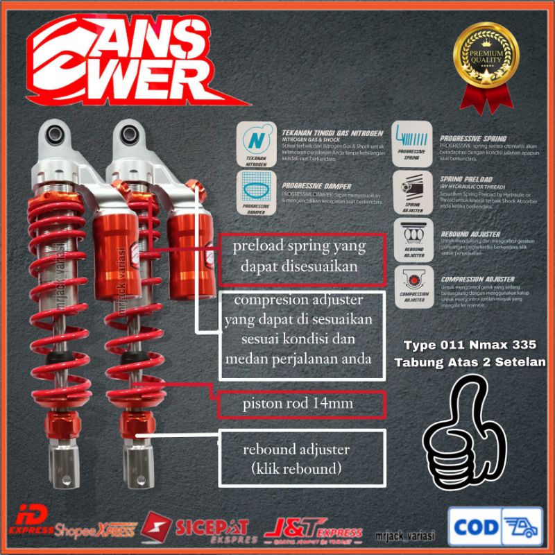 Shock belakang NMAX/PCX type 011 2STELAN 335 Answer (Adjust dumper & klick rebound) GREY RED WHITE