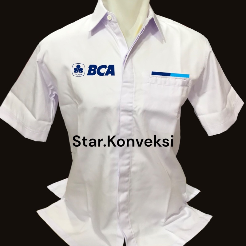 Seragam Dinas Kerja Kemeja PDH Baju Bank BCA Warna Putih Navy Biru Dongker Lengan Panjang Lengan Pen